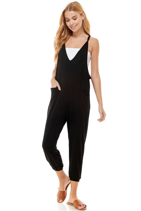 Black Deep V Neck Skinny Leg Jumpsuit