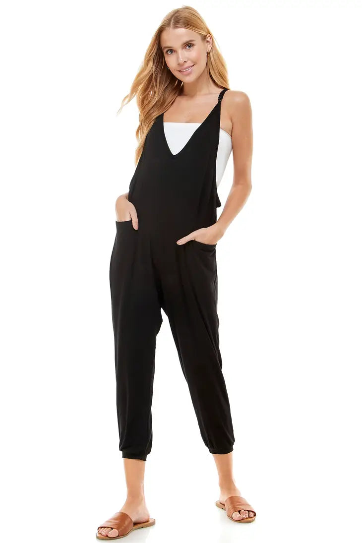 Black Deep V Neck Skinny Leg Jumpsuit