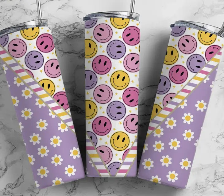 Retro Purple, Pink, and Yellow Smiley Face 20oz Tumbler