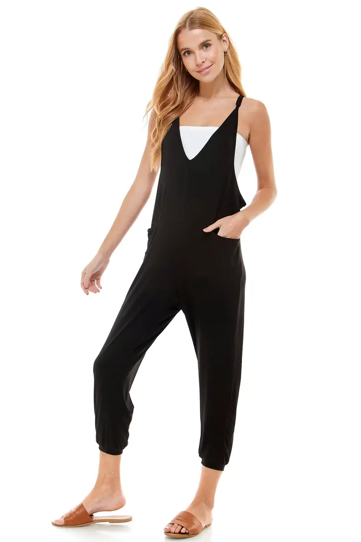 Black Deep V Neck Skinny Leg Jumpsuit