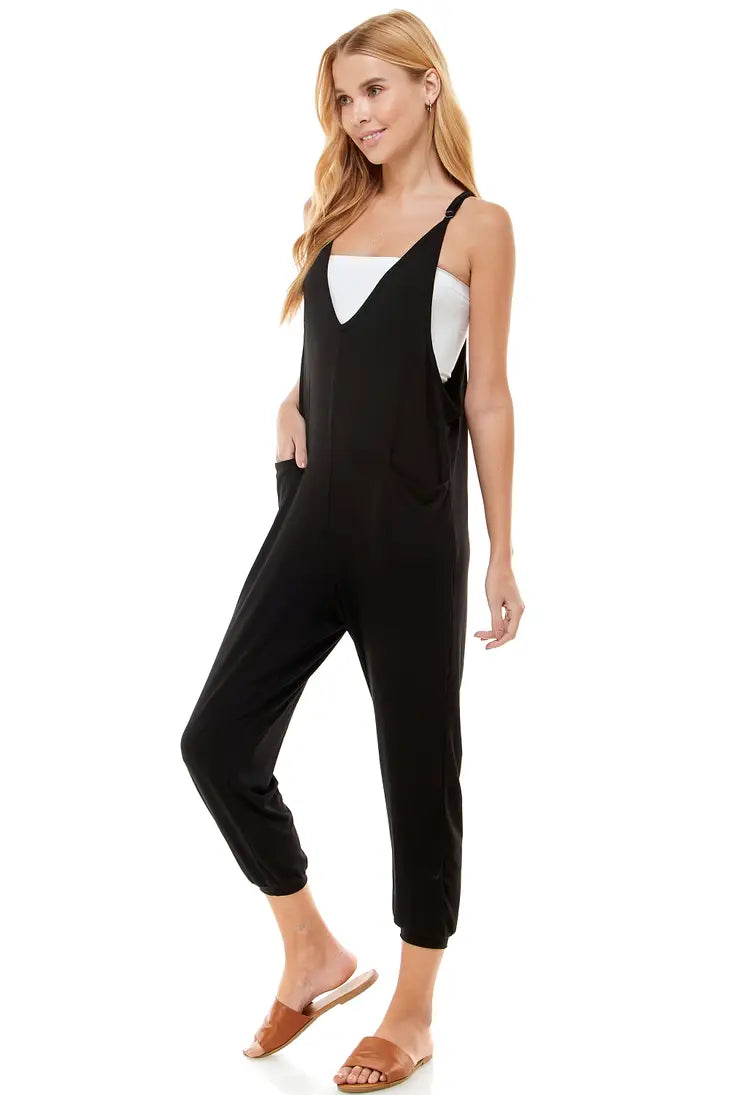 Black Deep V Neck Skinny Leg Jumpsuit