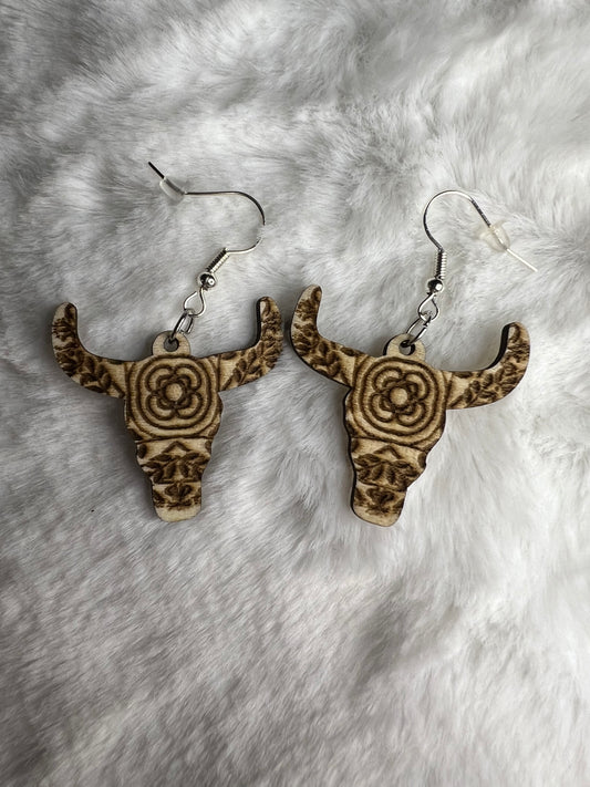 Wooden Aztec Cow Head Earrings